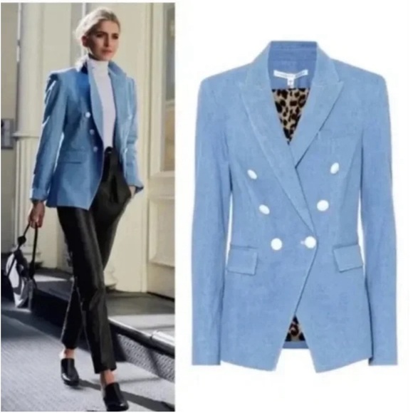 ❌SOLD❌Veronica Beard Miller Dickey Denim Blazer RARE white buttons blue leo - Picture 2 of 11